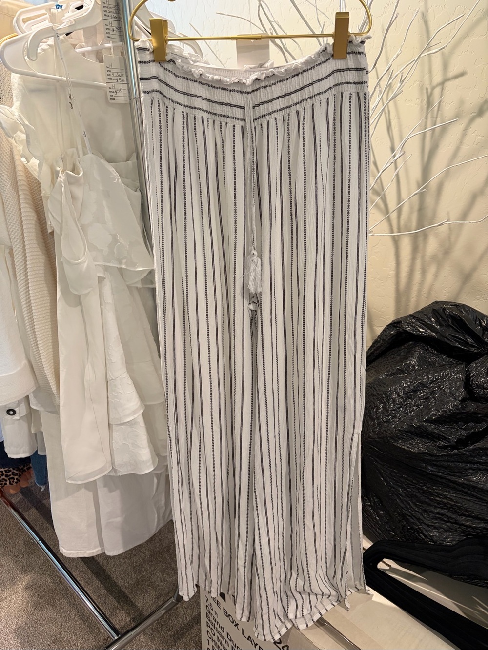Lightweight White Wide-Leg Striped Pants